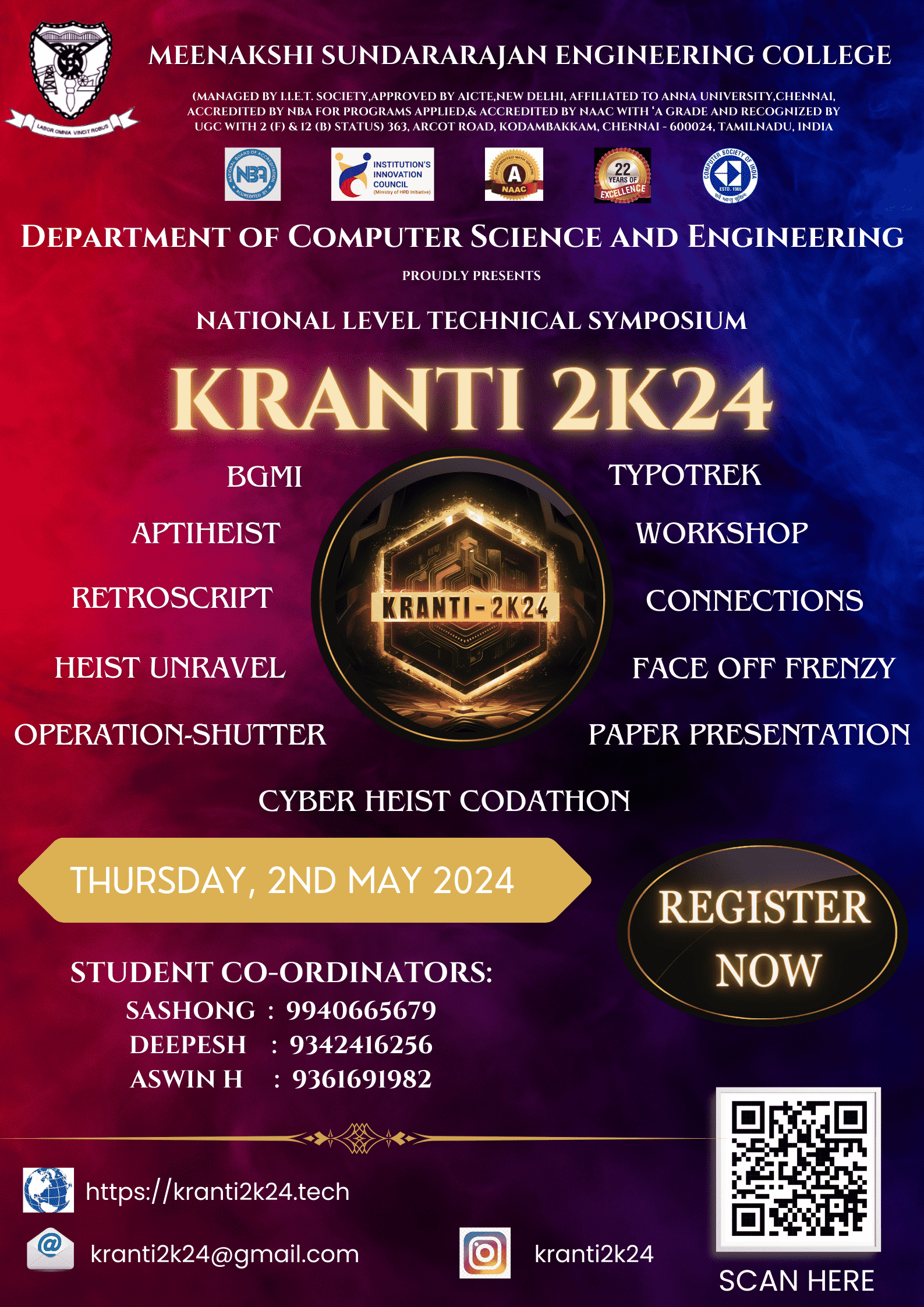 Kranti 2024, the national-level technical symposium hosted by the Computer Science and Engineering Department of Meenakshi Sundararajan Engineering College